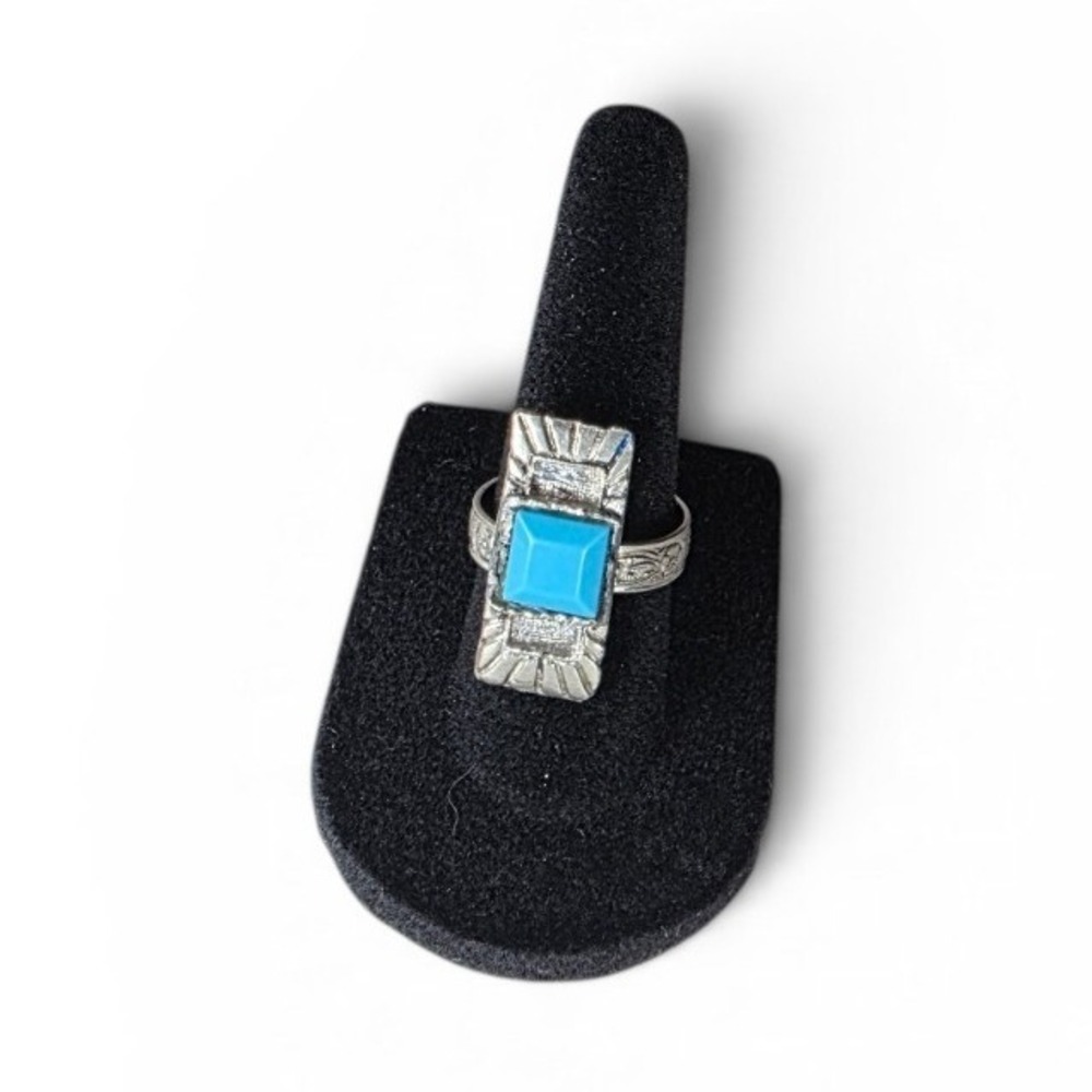 Vintage Tribal Bohemian Boho Silver Turquoise Adjstable Ring Metal Band Size 6